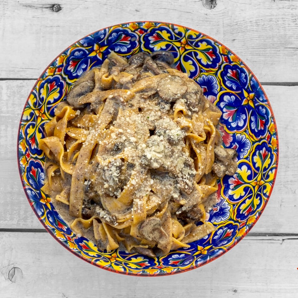 Fabio's Pasta: Creamy mushroom tagliatelle with grated cheese in a vibrant, patterned bowl.
